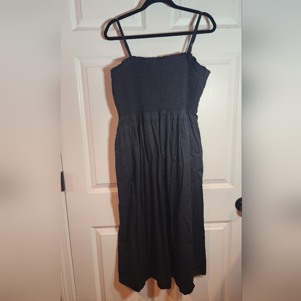 Old Navy Black Cotton Smocked Bodice Spaghetti Strap Midi Dress Pockets XL